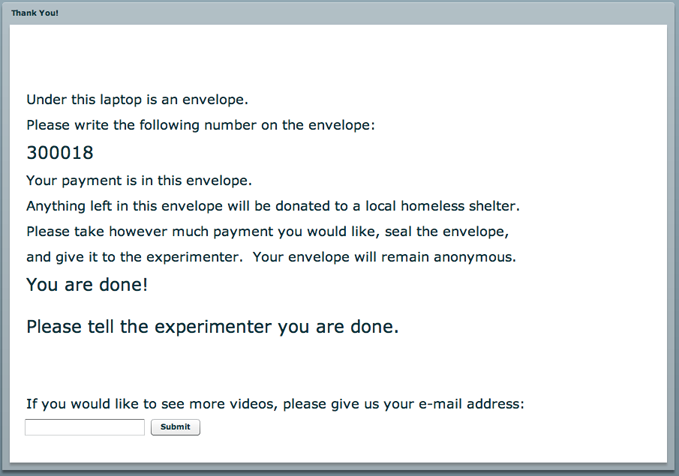 The final screen of the experiment thankyou